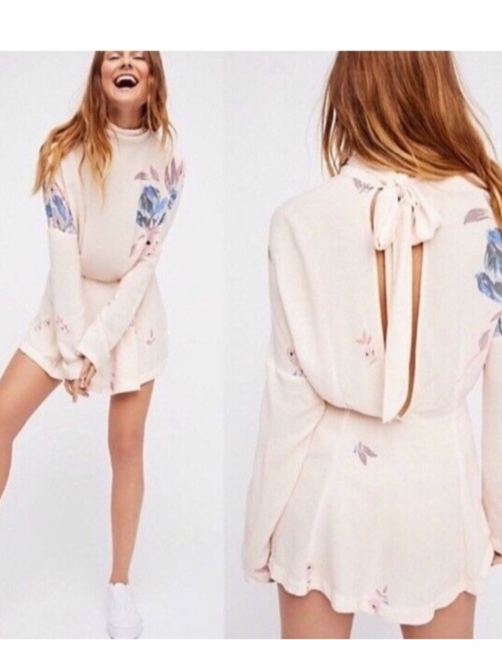 Free People Gemma Minidress Tunic M Open Back Flowy Floral Cream Blouse